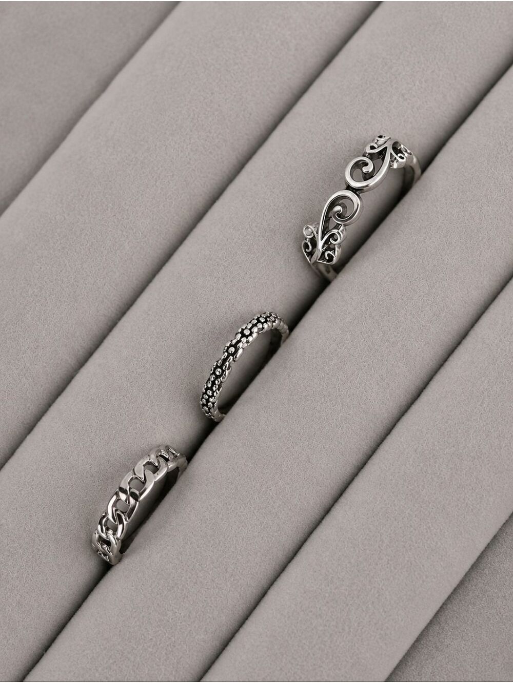 Silver Floral & Chain Stackable Rings - Silver - Picture 2 of 4